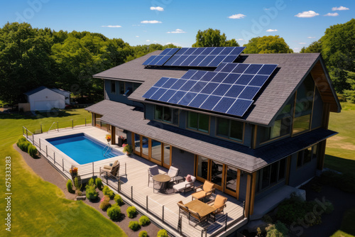 high view of Solar panels on the gable roof of a beautiful modern home  with grass lawn