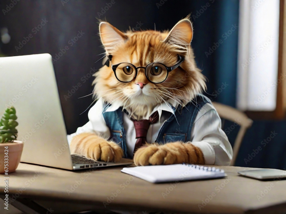 anthropomorphic cat wearing suit, tie and glasses working at laptop. Animals, business and online remote work concept