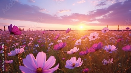 Beautiful and amazing of cosmos flower field landscape in sunset. nature wallpaper background.