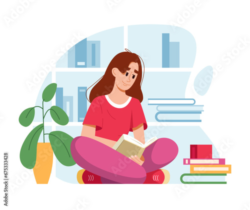 Young Woman Reading Book with Pile of Books. Self Education, Studying Concept. Library. Vector Illustration in Flat Cartoon Style. 