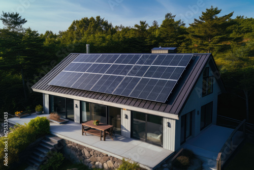  Solar panels on the gable roof of a beautiful modern home