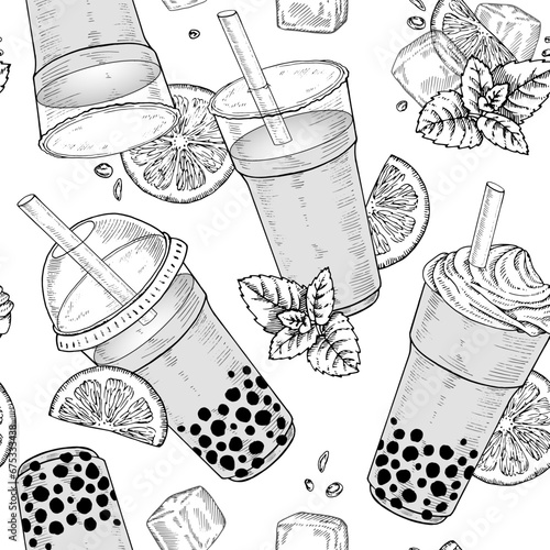 Bubble milk Tea seamless Pattern. Vector illustration of drink with tapioca pearls. Outline hand drawn sketch on transparent isolated background. Linear drawing of boba beverage for cafe menu design