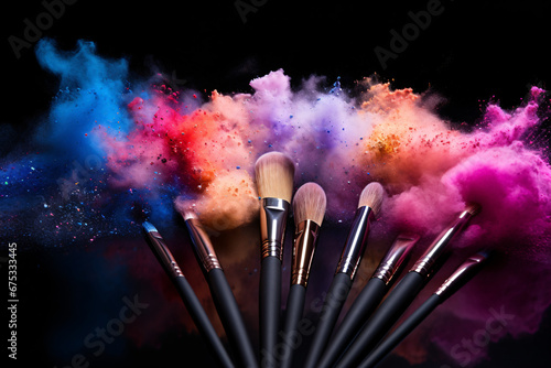 Explosion of Delicate Rainbow Blush on Makeup Brushes, Professional Photography on Black Background.