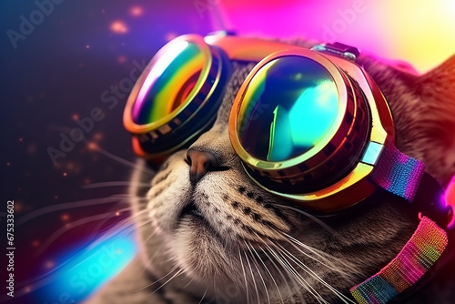 beautiful fat cat wearing VR virtual reality gogles on colored background  Technology future funny activity concept