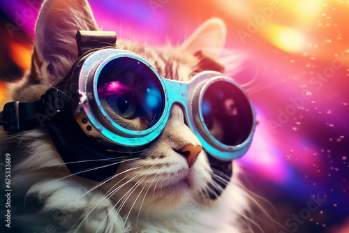 beautiful fat cat wearing VR virtual reality gogles on colored background, Technology future funny activity concept photo