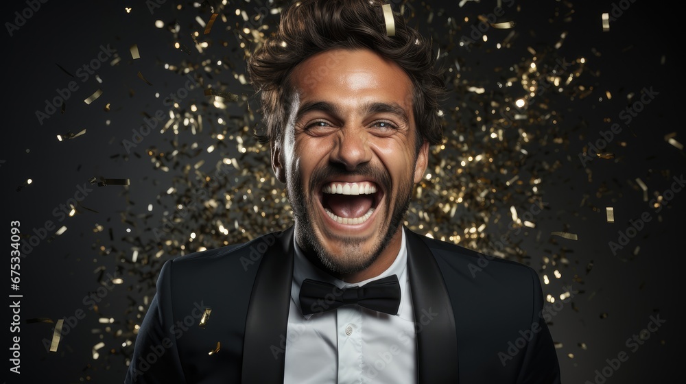 Portrait of a handsome man in elegant evening party outfit. He is looking at camera and smiling like crazy Portrait of a handsome man in elegant evening party outfit. He is looking at camera and smiling like crazy