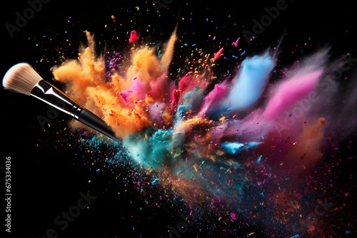 Explosion of Delicate Rainbow Blush on Makeup Brushes, Professional Photography on Black Background. © ShadowHero