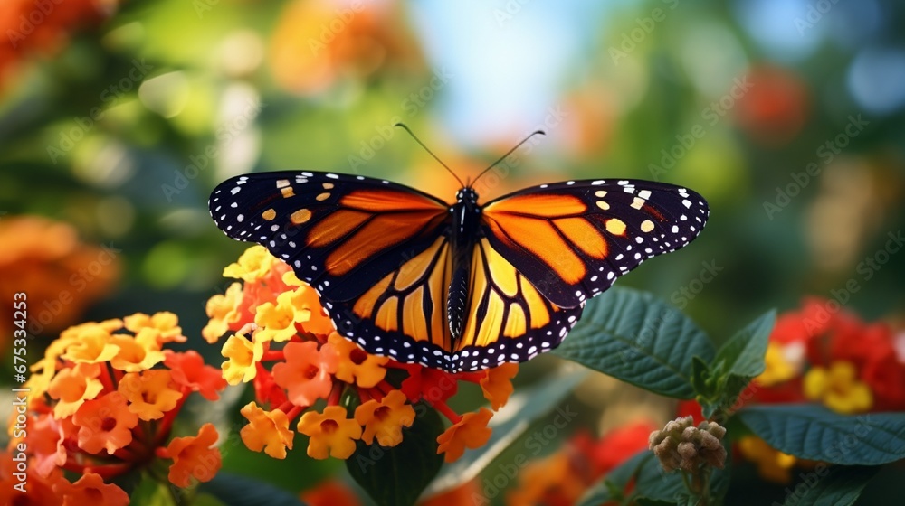 Beautiful image in nature of monarch butterfly on lantana flower. Beautiful image in nature of monarch butterfly on lantana flower.