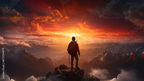 man standing on top of a mountain with a bag on his back and a sunset behind him, with a red sky, orange clouds, and a red-hue background. generative AI.