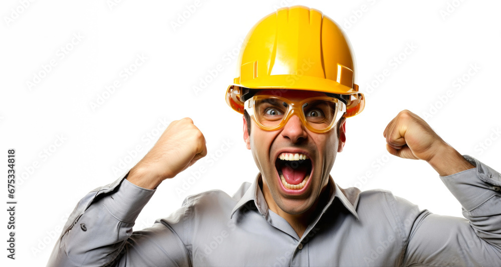 Hombre Constructor  con casco de protección amarillo con mucha alegria - obrazy, fototapety, plakaty 