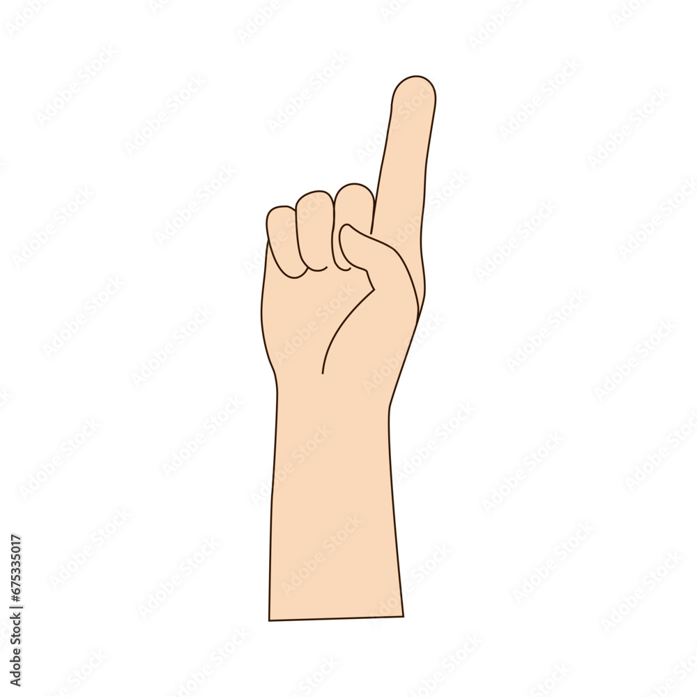 Isolated Hand one finger up gesture. Vector illustration beige color. Hand shows number one. Isolated Hand one finger up gesture. Vector illustration beige color. Hand shows number one.
