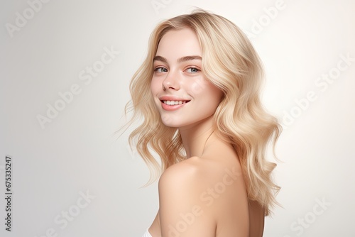 Portrait of a happy, confident, and healthy Caucasian woman with glowing skin and positivity. Generative AI