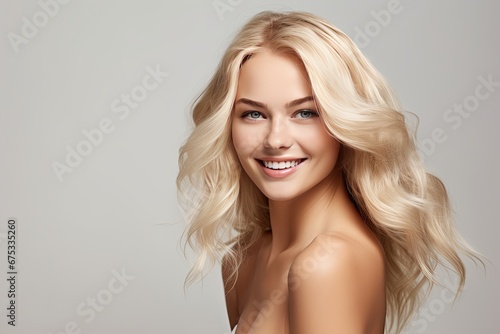Portrait of a happy, confident, and healthy Caucasian woman with glowing skin and positivity. Generative AI photo