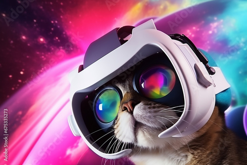 beautiful fat cat wearing VR virtual reality gogles on colored background, Technology future funny activity concept photo