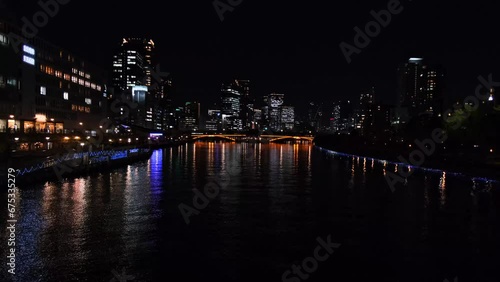 大阪、都市、風景、川、橋、秋、夜景