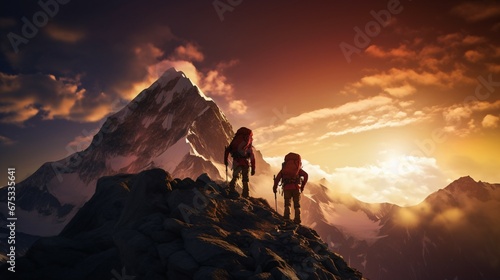 Two people are atop a mountain peak, visualizing a team triumph. generative AI © ikkilostd