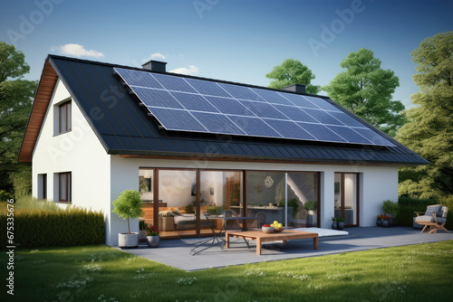  Solar panels on the gable roof of a beautiful modern home © Kien