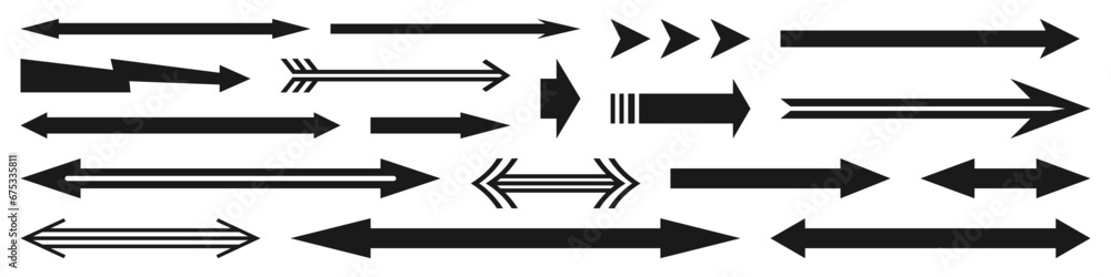 Straight long horizontal arrow set. Black colour shape isolated on white background. Vector illustration flat style.  - obrazy, fototapety, plakaty 
