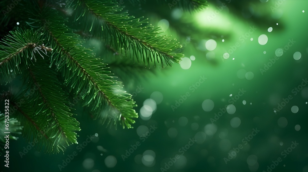 Green fir tree winter abstract blurred background.