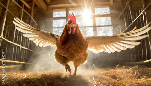 rooster in his henhouse sings happily the new dawn photo
