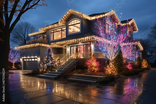  house decorated with christmas garlands and lights