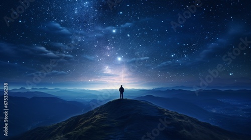 A man stands on top of a mountain, gazing into the horizon. On the mountain, the man thanks God. generative AI. photo