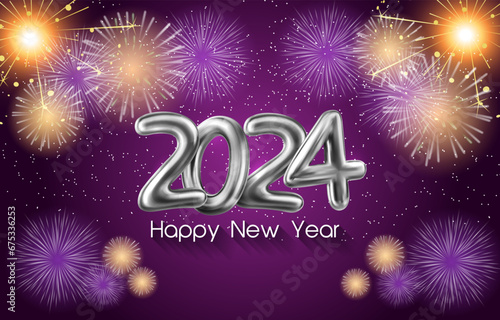 new year 2024 with beautiful fireworks sparkle with abstract gradient purple background design