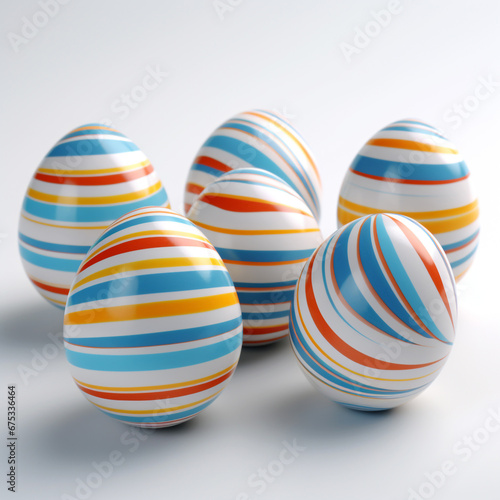 Easter eggs with a simple striped pattern in blue, yellow, red and orange, white background, front view. design concept.