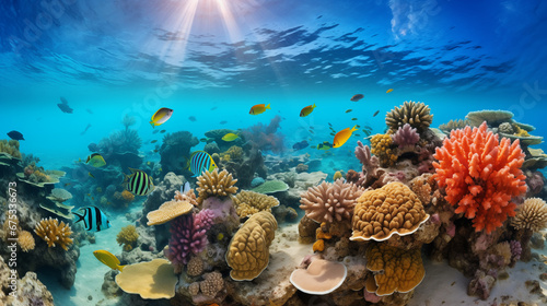the vibrant colors of a coral reef teeming with exotic marine life, bringing the wonders of the underwater world to life © tantawat