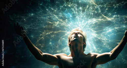 Hombre experimentando una iluminación espiritual rodeado de aura photo