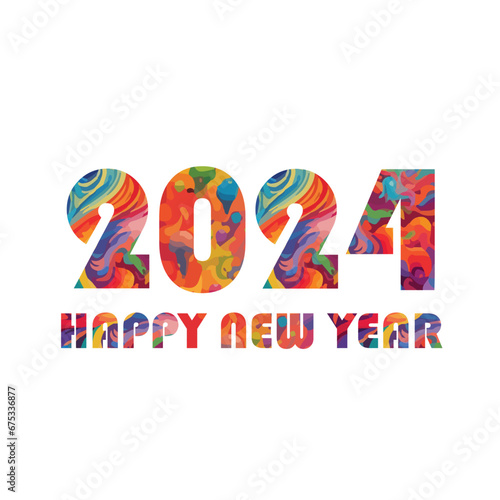 Happy New Year 2024 Colorful Bauhuas Trendy Alphabets Multicolor text. Abstract Art Memphis Characters texts typography vector illustration 