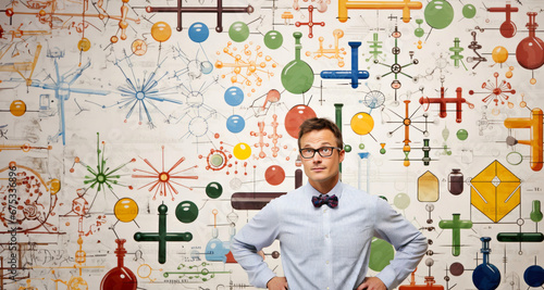 Profesor  de Ciencia con dibujos vectores detrás de cientificos