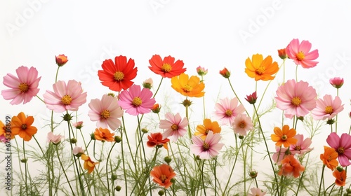 Orange, pink and yellow cosmos flowers are bloom on a white background. © kashif 2158