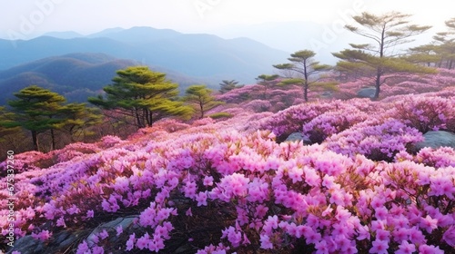 Pink royal azalea blossoms on Hwangmaesan Mountain near Hapcheon-gun, Korea.