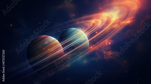 Two planets in space with a ring around them, AI