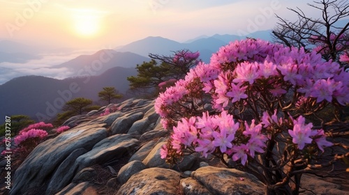 Pink royal azalea blossoms on Hwangmaesan Mountain near Hapcheon-gun, Korea. photo