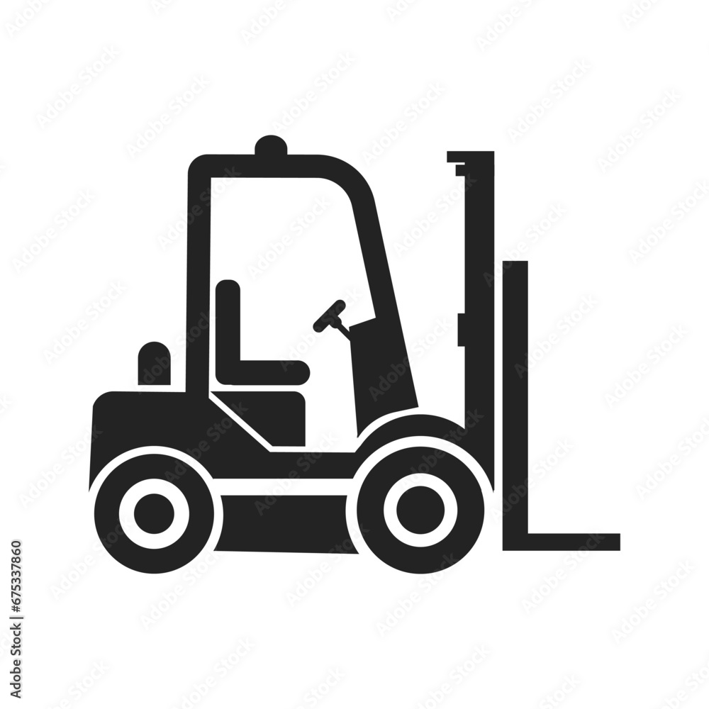 Isolated icon of black pictogram forklift with fork, wheel, steering wheel, for industrial vehicle sign Isolated icon of black pictogram forklift with fork, wheel, steering wheel, for industrial vehicle sign