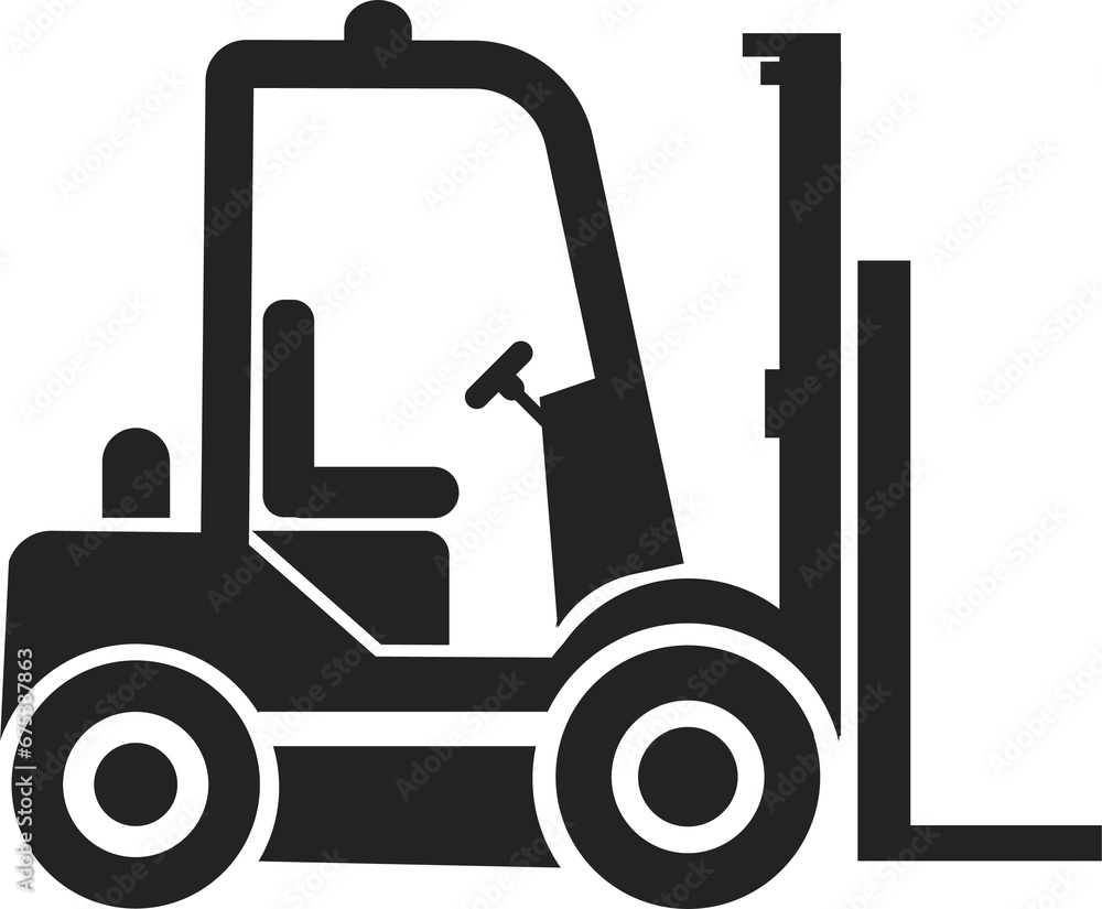 Isolated icon of black pictogram forklift with fork, wheel, steering wheel, for industrial vehicle sign