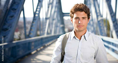 Joven estudiante caminando por un puente o cruzando un puente Azul