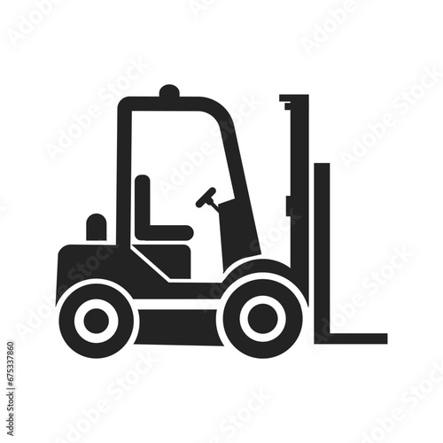 Isolated icon of black pictogram forklift with fork, wheel, steering wheel, for industrial vehicle sign