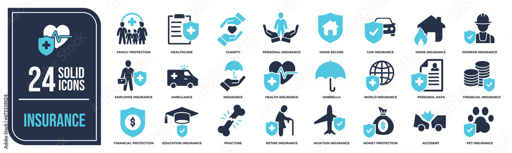 Insurance solid icons collection. Containing healthcare, life, car, home, business icons. For website marketing design, logo, app, template, ui, etc. Vector illustration. - obrazy, fototapety, plakaty 