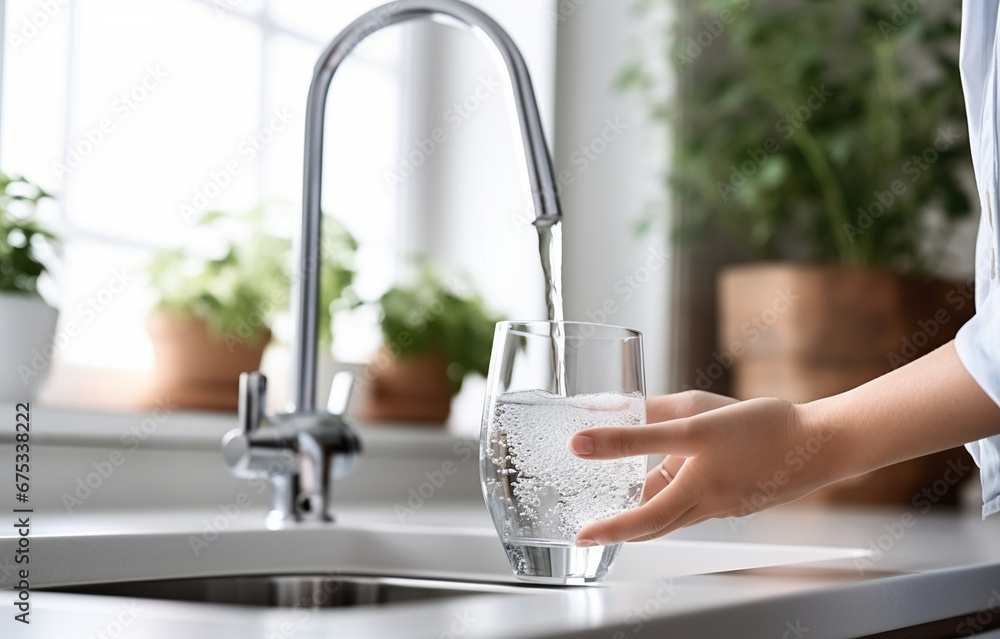 Woman filling glass with tap water from faucet in kitchen, closeup Woman filling glass with tap water from faucet in kitchen, closeup