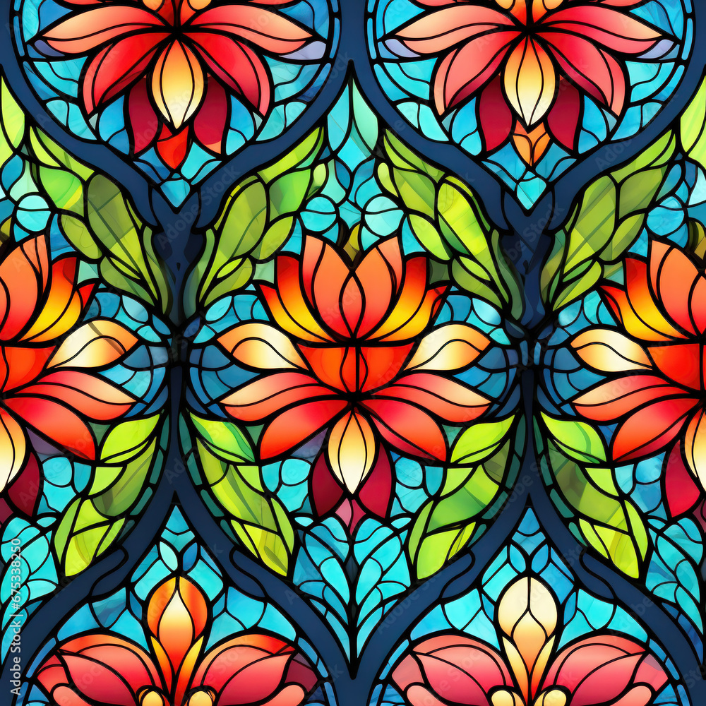 Stained glass floral seamless pattern tile for background