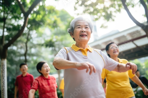 Old asian Japan seniors playing sports outside. Training and living healthy long life.
