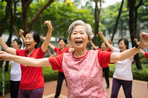 Group of happy seniors exercising in park. 