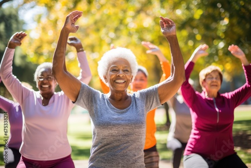 Group of diverse senior people exercising in park. Wellness, yoga, pilates and meditation for a long healthy life.
