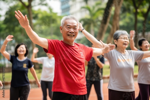 Elderly asian people doing exercise outdoors, senior movement and recreation, never too old for working out photo