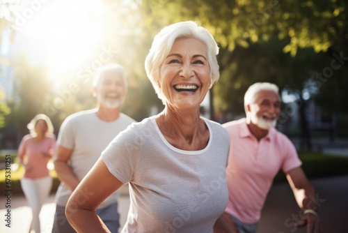 Group of seniors doing a mind, body and spiritual exercise outdoors in a park Health, retirement doing yoga workout