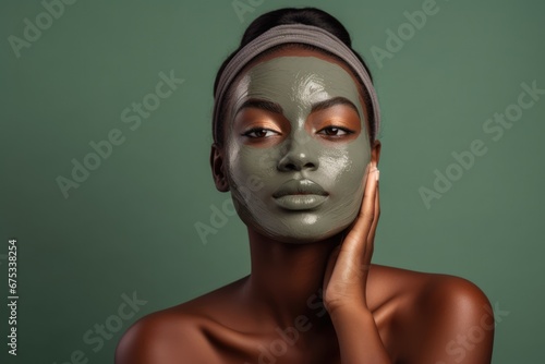Portrait of young black women touching face with avocado green tea clay mask and headband, green background, natural organic skincare beauty shot photo