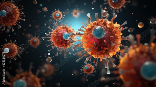 Close up virus outbreaking and Pandemic such as monkeypox virus, covid 19. The virus attacks healthy cells.